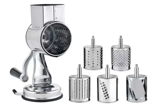 Manual Cheese Grater Shredder Stainless Steel Kitchen Hand Crank Grinder with 5 Interchangeable Blades and Handle for Vegetable