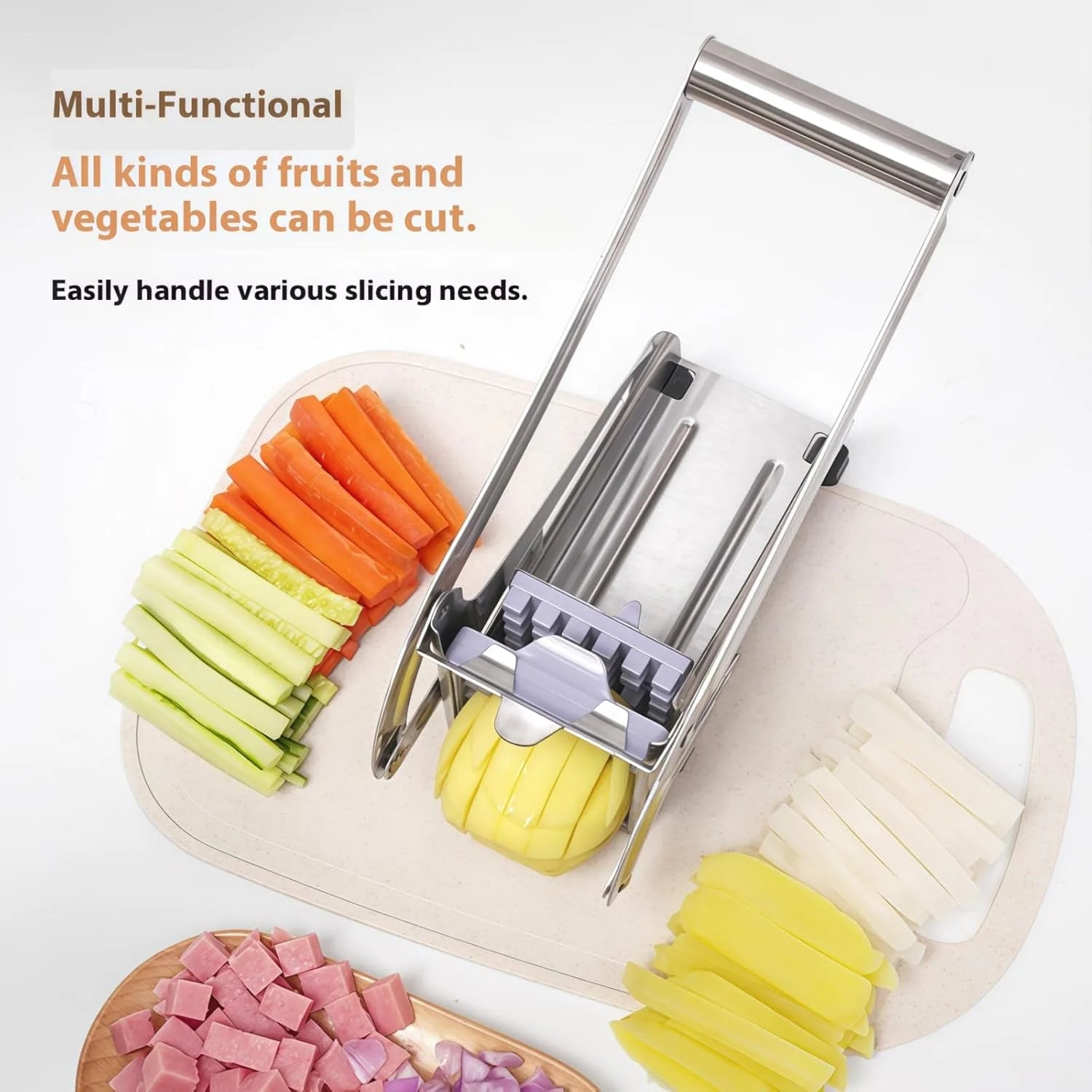 Stainless Steel French Fry Cutter with 1/2-Inch Blade - Heavy-Duty Potato Cutter, Perfect for Cutting Potatoes, Carrots & Cucumb
