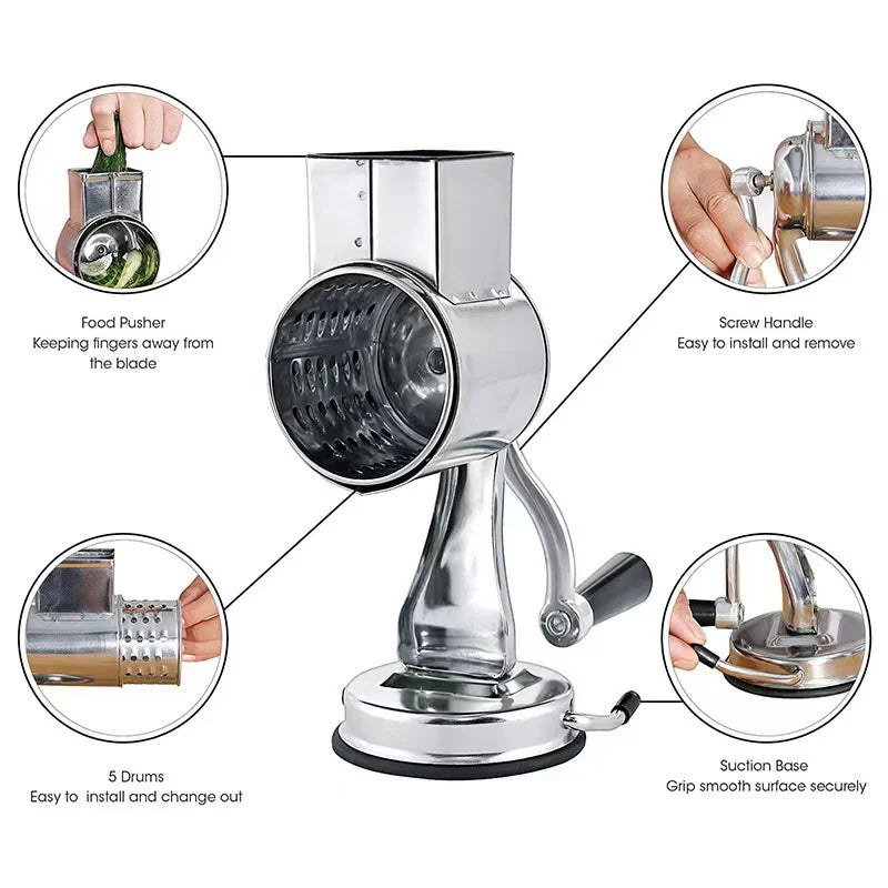 Manual Cheese Grater Shredder Stainless Steel Kitchen Hand Crank Grinder with 5 Interchangeable Blades and Handle for Vegetable